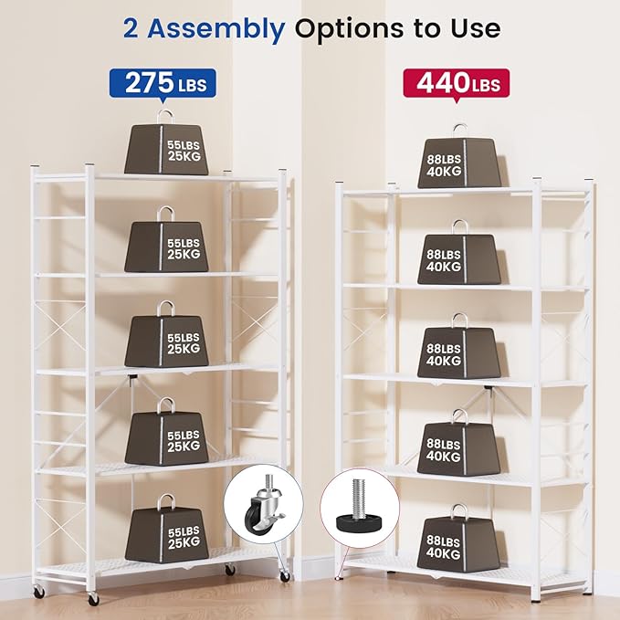 ALANNG 40" W Foldable 5-Tier Storage Shelves with Wheels, Adjustable & Removable Metal Rack, Heavy Duty Rolling Organizer for Kitchen, Garage, Closet, Pantry, and Office (White,3 Pack)