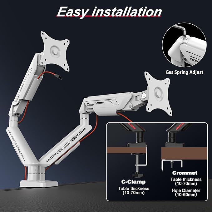 Fydeamer Dual Monitor Arm for 17-35" Screens up to 24.2 lbs, Ergonomic Gas Spring Monitor Stand with Height Adjust, Tilt, Swivel & Cable Management, VESA Desk Mount with 2 Types of Installation, White