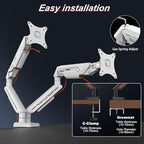 Fydeamer Dual Monitor Arm for 17-35" Screens up to 24.2 lbs, Ergonomic Gas Spring Monitor Stand with Height Adjust, Tilt, Swivel & Cable Management, VESA Desk Mount with 2 Types of Installation, White