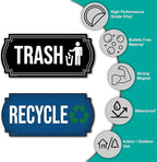 Recycle and Trash Magnets for Kitchen Cans and Recycling Bins, Dual Trash and Recycle Magnet for Garbage Can Logo Symbol, 2 Magnetic Sticker Adhesives, 6.5x3 Inch Design Home Outdoor Waste (Blue)