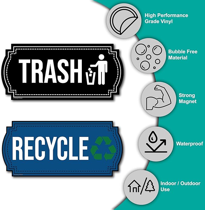 Recycle and Trash Magnets for Kitchen Cans and Recycling Bins, Dual Trash and Recycle Magnet for Garbage Can Logo Symbol, 2 Magnetic Sticker Adhesives, 6.5x3 Inch Design Home Outdoor Waste (Blue)
