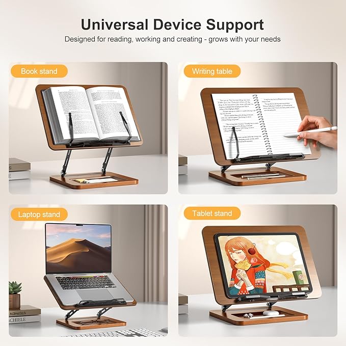 Book Stand for Reading with Light, Book Holders for Reading Hands Free, Adjustable Height & Angle, Fits Cookbook Recipe, Textbook, Kindle,Foldable for Kitchen, Office, School,Gift for Book Lovers