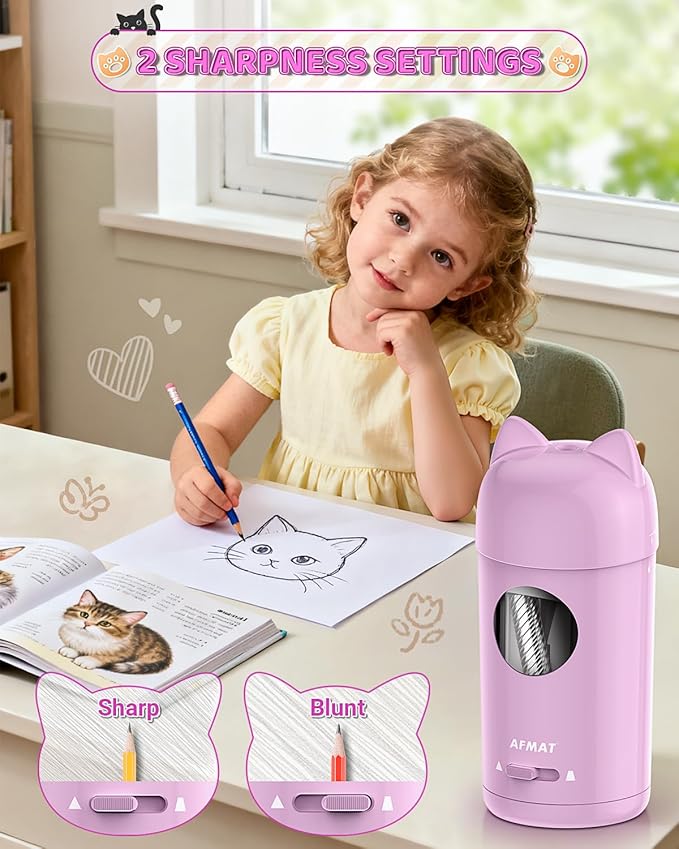 AFMAT Electric Pencil Sharpener, Automatic Pencil Sharpener, Auto in & Out, Colored Pencil Sharpeners for φ7-8mm Pencils, Rechargeable & Cordless, Battery Powered for Classroom Home School PSX9