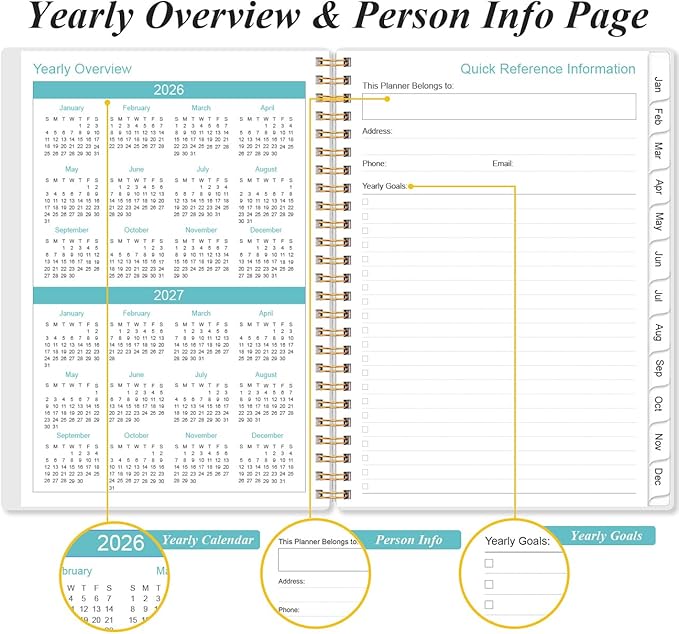 2026 Planner - Planner 2026 from January 2026 - December 2026, Weekly & Monthly Planners Spiral Bound with 12 Monthly Tabs, Inner Pocket, 6.4" x 8.5", Green