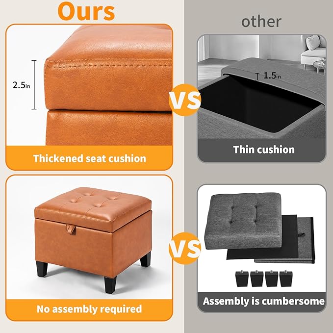 Asense 17 Inch Storage Ottoman Foot Rest,Square Faux Leather Foot Stool,Small Ottoman with Storage,Padded Seat for Entryway,Living Room,Bedroom,Couch,Under Desk,Cognac Brown