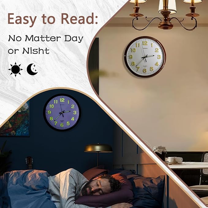 Oxmidud Glow in The Dark 3D Numerals Wall Clock，12 Inch Retro Silent Non-Ticking Battery Operated Easy to Read Vintage Analog Clocks for Living Room Kitchen Office Bedroom Decor