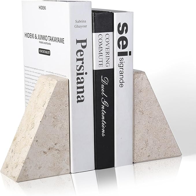 Karibiber Marble Bookends for Heavy Books, Decorative Book Ends for Shelves, Beige Stone Durable and Heavy-Duty Book Ends for Hardback Books & CDS, Unique Book Stopper & Holder, Set of 2