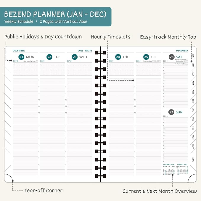 BEZEND 2026 Planner Weekly and Monthly (6" x 8.5" Spiral) Daily Calendar with Hourly Timeslots & Tabs (Jan-Dec) Note & Expenses, Pen Holder, Inner Pocket, Vegan Leather Softcover - Sky Blue
