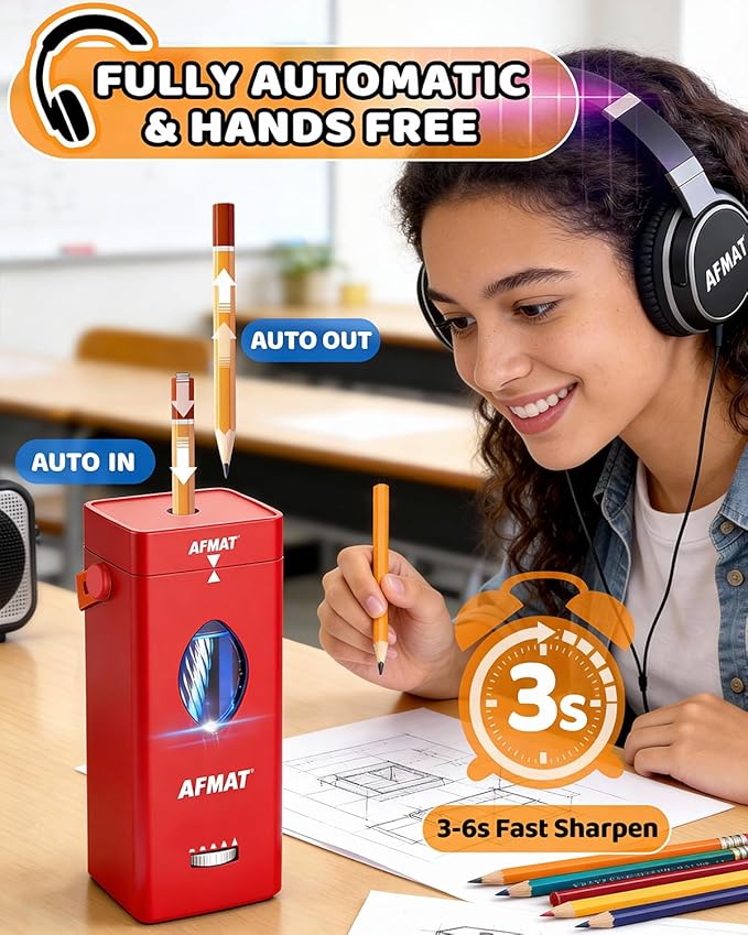 AFMAT Electric Pencil Sharpener, Rechargeable & Cordless, Fully Automatic Pencil Sharpener for Classroom, Auto in & Out, 5 Sharpness Modes, Heavy Duty Sharpeners for 6-12mm No.2/Jumbo Pencils PSC7