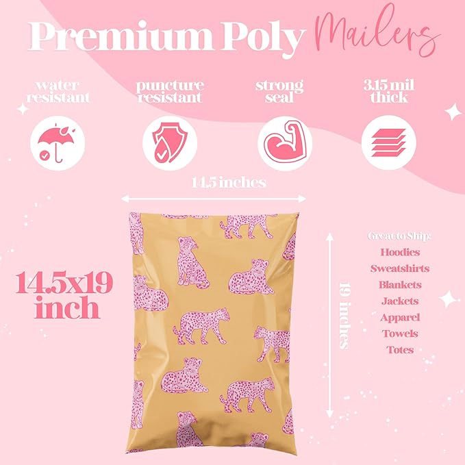 Pretty Package Store 14.5x19 Designer Poly Mailer 100 Pack Heavy Duty Waterproof Self Seal Shipping Bags for Small Business Large Mailing Envelopes Bulk Tear Resistant Packaging Pink Orange Leopard