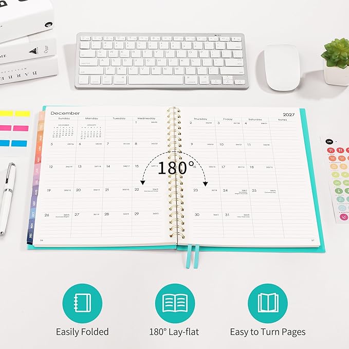 RETTACY 2026-2027 Monthly Planner, Jan 2026 - Dec 2027, Large Size (8.5" x 11"), Agenda, Calendar, 24 Month Tabs, Flexible Plastic Cover, 100 GSM Thick Paper, Spiral-bound (Tiffani Blue)