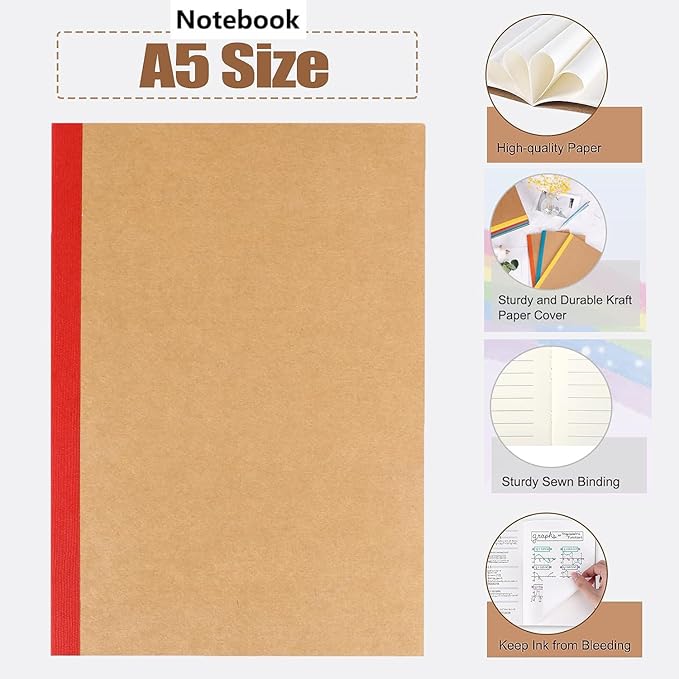 24 Pack A5 Kraft Notebooks Journal Notebook Lined Journal Bulk Writing Diary Subject Notebooks Planner with Thick Paper, 60 Pages, 30 Sheets, 8.3x5.5 inch