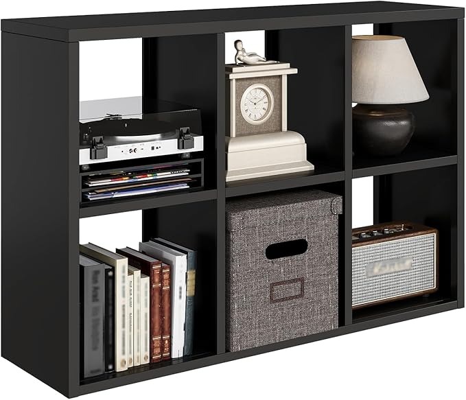 IRONMIX Metal 6 Cube Storage Organizer, Short Black Bookshelf with Storage, Small Horizontal Bookshelf, 2 Tier Open Bookcase Cube Shelf, Freestanding TV Stand for Home Office Library (Black, 1037)