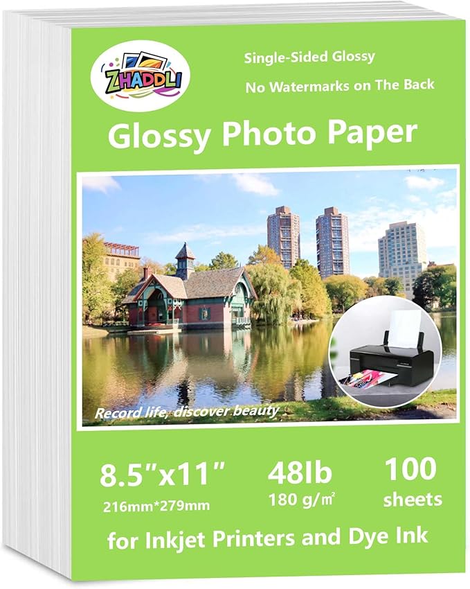ZHADDLI Glossy Photo Paper 8.5 x11,Inkjet Photo Printer Paper, instant DryPicture Paper for Dly chip Bag, Flyers,Cards, Calendars andBrochures(180gsm/48lb)