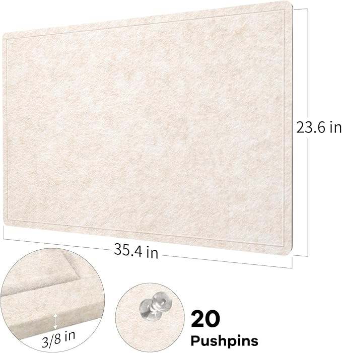 Lightomorrow Bulletin Board, 36 x 24 inches Felt Board - Decorative Pin Board, Cork Board Alternative for Wall, 3' x 2' Foldable Self-Adhesive Vision Board Prayer Board with 20 Pushpins - Oatmeal
