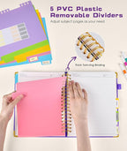 Hardcover Spiral Notebook Journal with Removable Dividers Tabs, 300 Pages Leather 5 Subject Notebook College Ruled, 8"x10" Large Notebooks for Work School Note Taking, Journal for Women, Dark Purple