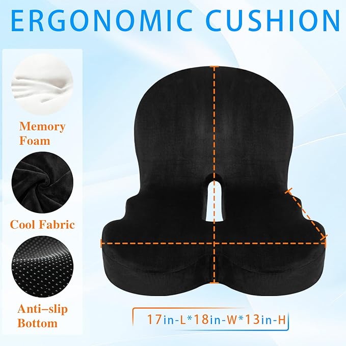 Watshyon Ergonomic Memory Foam Reenly Seat Cushion & Non-Slip Base with Adjustable Straps,Seat Cushion for Truck Driver and Office Chair Cushion,Removable Washable Cover- Plush Velvet