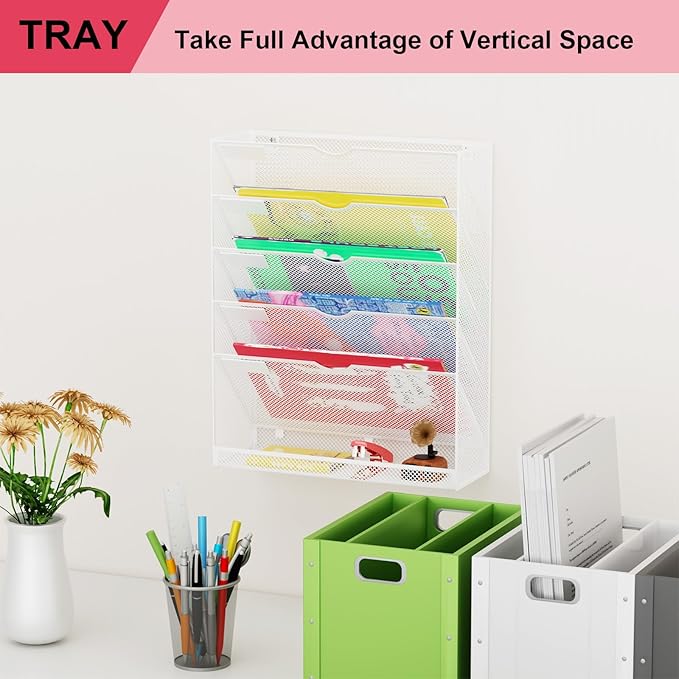 GDINDINFAN Hanging Wall File Organizer 6 Tier Wall Mounted File Holder Document Wall Organizer Magazine Organization for Office Home, White