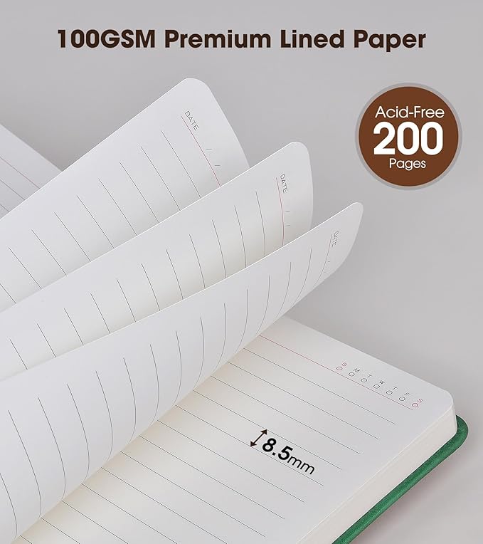 vfaejll Green A5 Lined Leather Journal Notebook for Men Women,5.9" X 8.4" Personalized Hardcover Journal with Pen,200 Pages 100 Gsm Thick Ruled Paper Daily Diary for School,Travel,Work,Writing