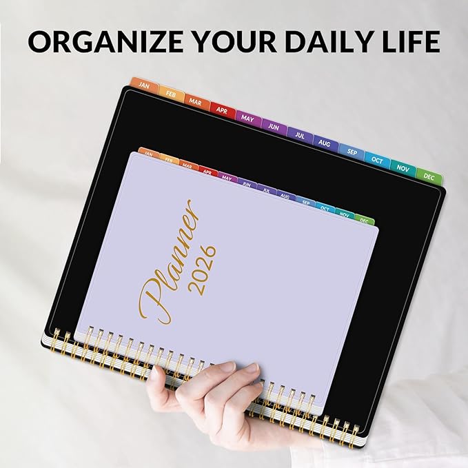 GNL 2026 Planner, Weekly and Monthly Planner January - December 2026, 8.5" x 11" Monthly Planner with Waterproof Flexible Cover, Spiral Binding Notebook with Colorful Tab, Pockets, Bookmark, Black