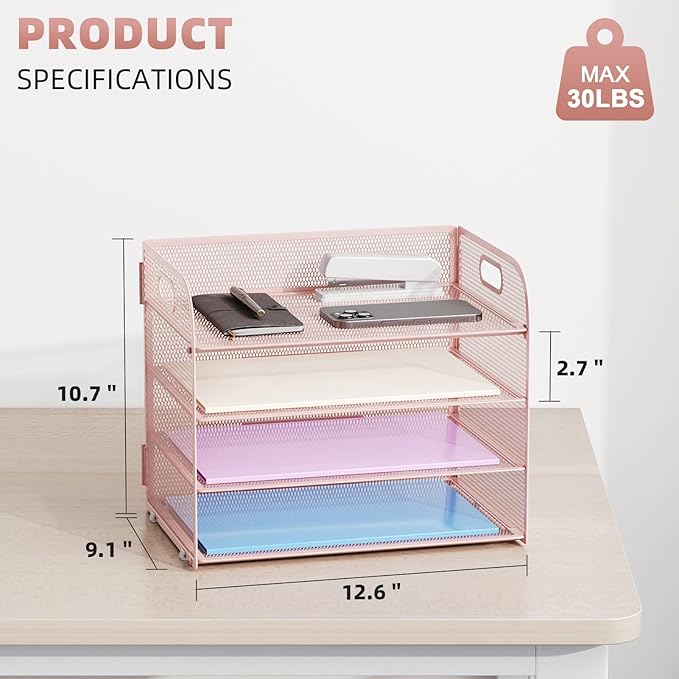 Marbrasse 2 Pack 4 Tier Paper Organizer Letter Tray - Mesh Desk File Organizer with Handle, Paper Sorter Organizer for Letter/A4 Office File Folder Holder (Pink, 12.6" x 9.1" x 10.7")