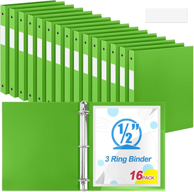 Henoyso 16 Pcs 3 Ring Binder 0.5 Inch Round Fits Letter Size 8.5'' x 11'' Paper Plastic Flexible Binder Bulk Holds 140 Sheets with 1 Pockets Versatile Organizer for Home Office School (Tender Green)