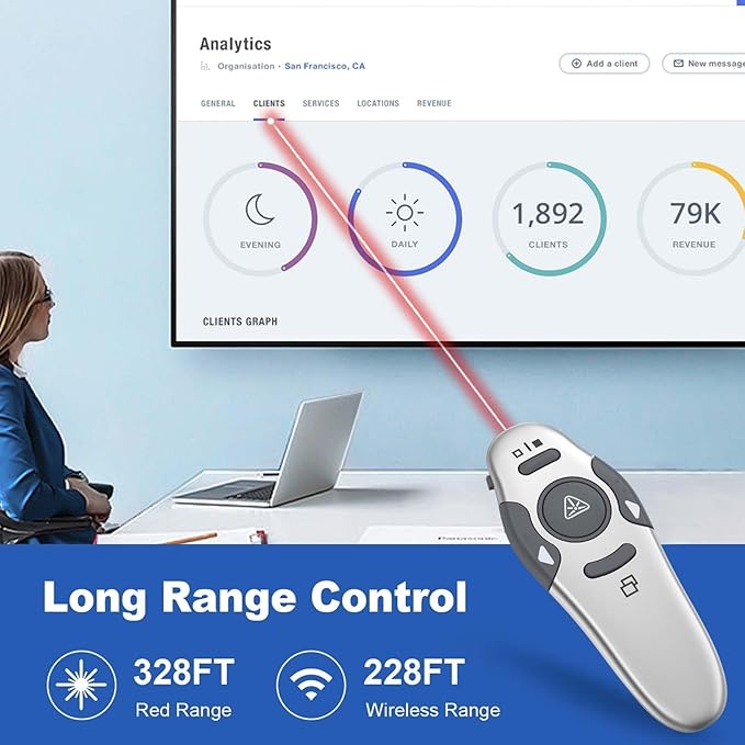 QUI Presentation Clicker Wireless Presenter Remote Clicker for PowerPoint Presentation Remote, PowerPoint Slide Advancer for Mac/Windows/Linux, Google Slide/PPT/Keynote, USB A&C, Silver