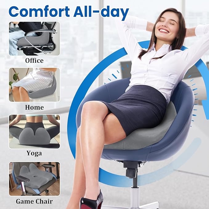 CushZone Seat Cushion, Memory Foam Office Chair Seat Cushion for Office Chairs/Car/Long Trip/Desk Chair/Gaming, Large Size for Sciatica & Hip & Tailbone Pain Relief, Sciatica Support (Light Gray)