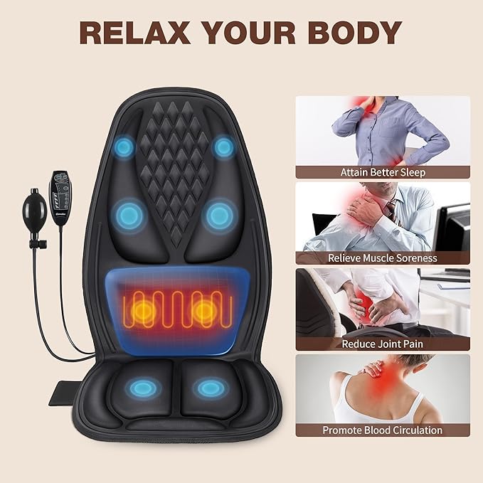 comrelax Back Massager with Heat, Massage Seat Cushion with 3D Lumbar Support, 8 Vibrating Motors Massager Chair Pad for Full Body Pain Relief, Ideal Gift for Christmas/Lover/Parents/Friends