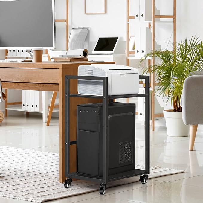 SEHERTIWY 2 Tier Computer Tower Stand, Black CPU Holder Cart with Rolling Caster Wheels, Mobile PC Tower Stand for Office Home Studio