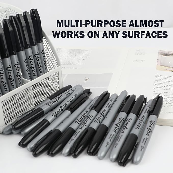 Yocfon Permanent Markers Bulk, 144 Count Black Permanent Markers Set, Fine Tip, Waterproof Markers, Works On Plastic, Wood, Stone And Metal For Doodling, Marking