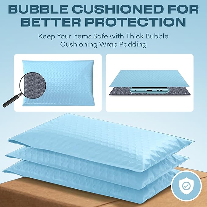 Light Blue Poly Bubble Mailers 8.5x12 inch #2 | Self Seal Padded Envelopes | Cushioned Bubble Mailer | Usable Size 8.5x11 | Water Proof | Lightweight mailing Shipping Bags | 200 Pack Bulk