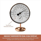 Foxyoo 4-Inch Indoor Thermometer and Humidity Gauge, Room Analog Temperature and Humidity Monitor, Dual Scale Display, Brass Dial with Stand, Battery-Free for House, Home, Desk, Bedroom, Garage, RV