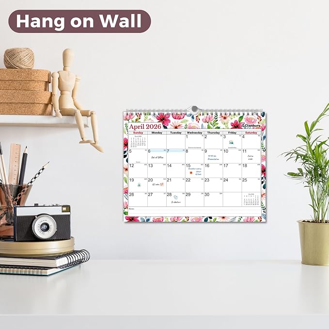 Cranbury Wall Calendar 2026 8.5x11, 12 Month Desk Calendar with Bouns Stickers and Large Writing Blocks, Premium Paper, Floral Design, 8x11 Planner 2026, Twin-Wire Binding