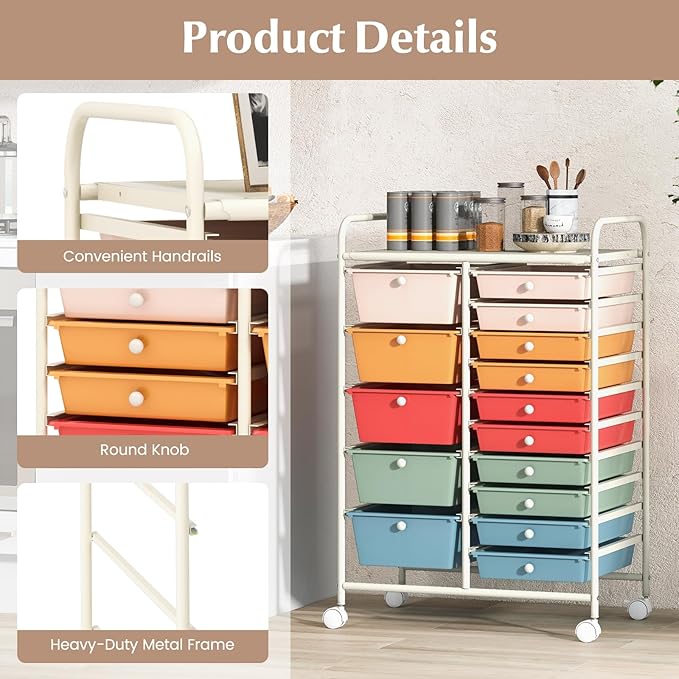 COSTWAY 15 Drawers Storage Cart, Multipurpose Rolling Utility Cart on Wheels w/Lockable Wheels & Removable Drawers, Mobile Tools Scrapbook Paper Organizer Cart for Office School Home, Macaron