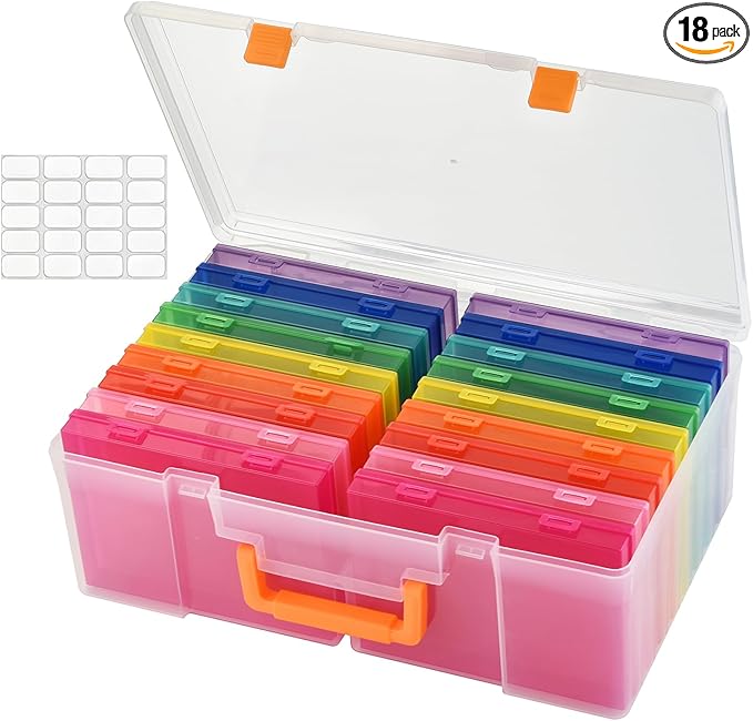 Photo Storage Box 5 x 7 Inches, 18 Inner Photo Cases with Dividers, Colorful Acid-Free Photo Storage Containers with Handle, Photo Organizer Craft Keeper for Stickers, Craft, Stamp