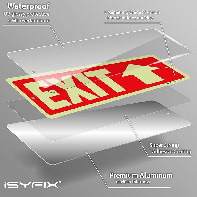 iSYFIX Exit Signs with Directional Up Arrow, Glow in the Dark, Photoluminescent Aluminum 12x4 Inch - 6 Pack, Laminated for UV & Weather Resistance, Ideal for Offices, Schools, Theaters & More