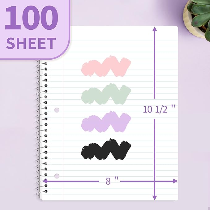 SUNEE Spiral Notebook, 1-Subject, Wide Ruled Paper, 8" x 10-1/2", 100 Sheets per Notebook, 3-Hole Punched Paper, Water Resistant Cover, Double-sided Pockets, Spiral Lined Notebooks for School, Purple