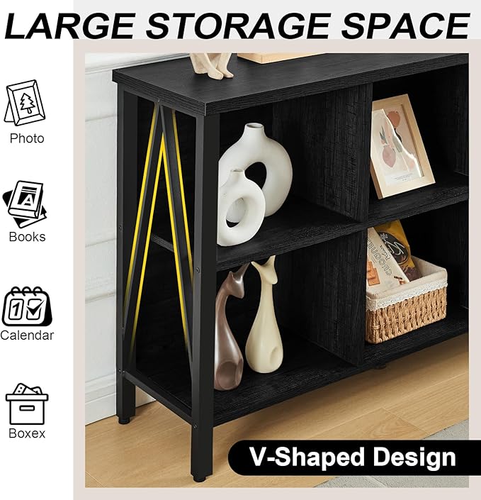 HOMISSUE Cube Storage Organizer Shelf, Rustic Short Wide Bookshelf with 6 Cubes, Industrial Low Cubby Bookcase with 3-Tier Shelves, Horizontal Book Case for Living Room, Office, Black