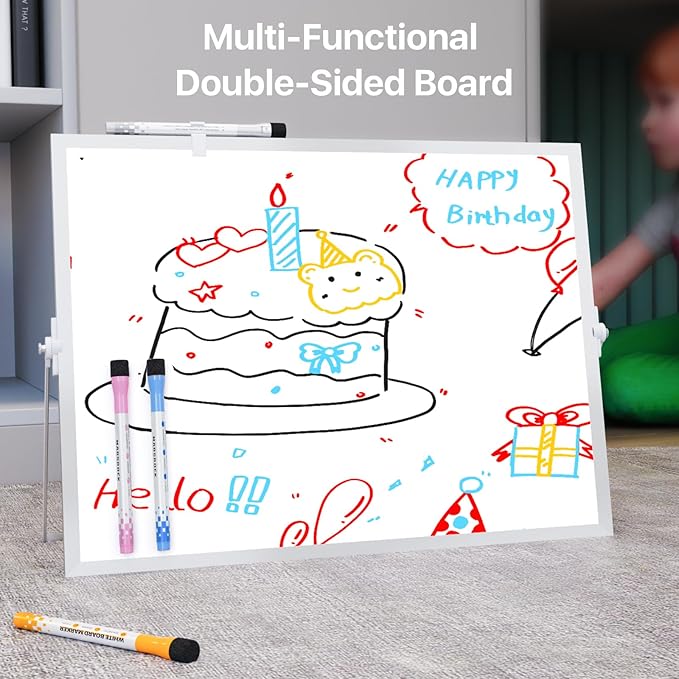 Marsrock Dry Erase White Board with Stand,Double-Sided Whiteboard 16"x12", 10 Markers,6 Magnets, 1 Eraser,Portable Desktop Whiteboard for Planning,Colorful Weekly Schedule Board for School for Home