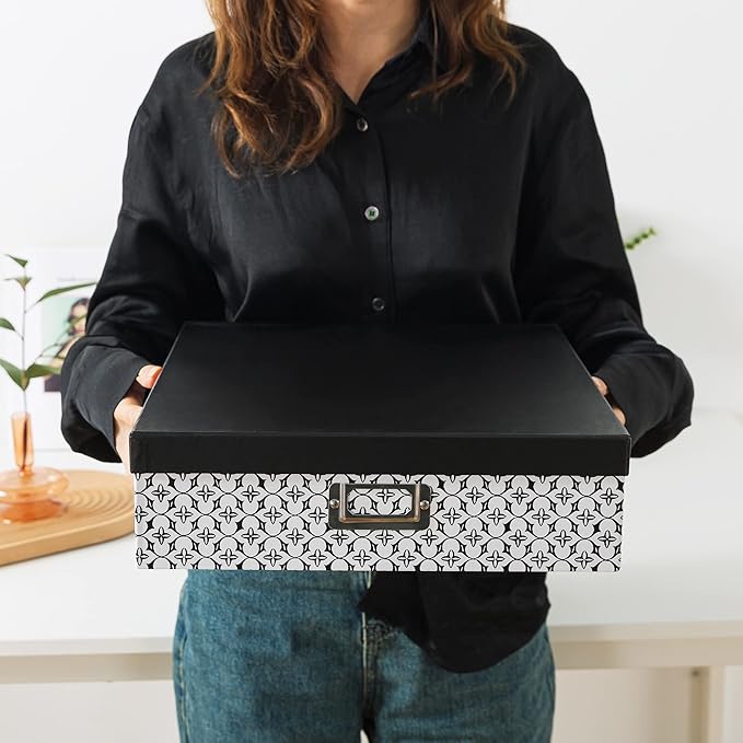 Soul & Lane Black and White Decorative Storage Boxes with Lids for Organizing, Set of 3 Jumbo Scrapbook Storage Boxes for Documents, Keepsakes, Memories, Modern Trellis