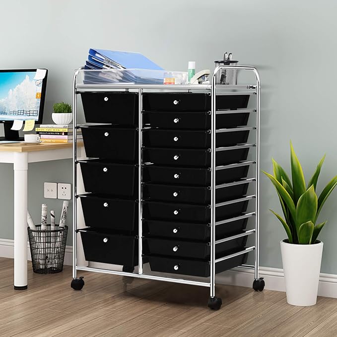 HAPPYGRILL 15-Drawer Rolling Cart, Storage Carts with Removable Drawers & Steel Frame, Utility Cart on Lockable Wheels for Home, School, Office, Black