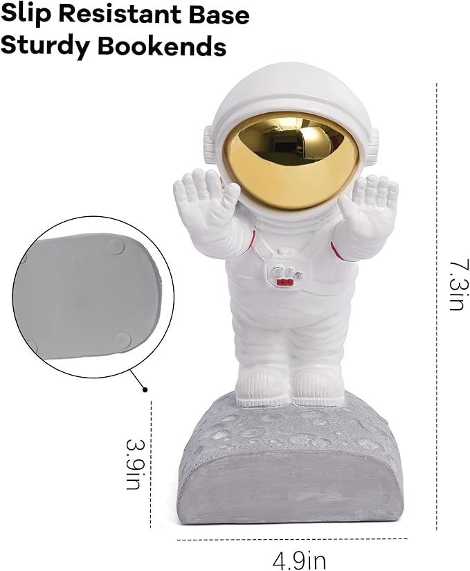 Kakizzy Decorative Space Theme Bookends - Astronaut Resin Bookends with Anti-Slip Base - Sturdy, Fun & Unique Book Holders for Heavy Books (Gold)
