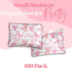 Pretty Package Store 14.5x19 Designer Poly Mailer 100 Pack Heavy Duty Waterproof Self Seal Shipping Bags for Small Business Large Mailing Envelopes Bulk Tear Resistant Packaging Coquette Bows Hearts