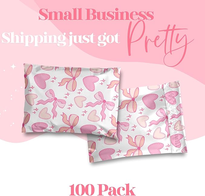 Pretty Package Store 6x9 Designer Poly Mailer 100 Pack Heavy Duty Waterproof Self Seal Shipping Bags for Small Business Large Mailing Envelopes Bulk Tear Resistant Packaging Coquette Bows Hearts