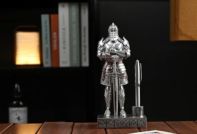 Amoysanli Knight Pen Stand Decoration Resin Pen Holder Art Craft Paperweight for Desktop Organizer Festival Gifts for Boyfriend Husband Dad Son(Silver)