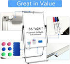 KIZZBY Double Sided White Board with Stand - 36" x 24" Portable Magnetic Flip Easel Whiteboard U-Stand Height Adjustable & 360° Rotation Dry Erase Board for Home Office Classroom