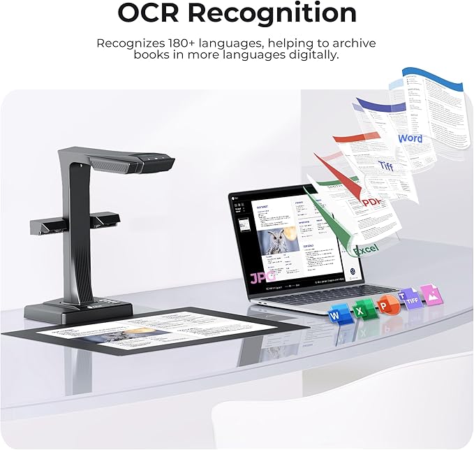 CZUR ET16 Plus Advanced Book & Document Scanner, 2nd Gen Auto-Flatten&Deskew Tech, 16MP Camera, Capture A3, 186 Languages OCR, Convert to PDF/Searchable PDF/Word/Tiff/Excel, Run On Windows&MacOS