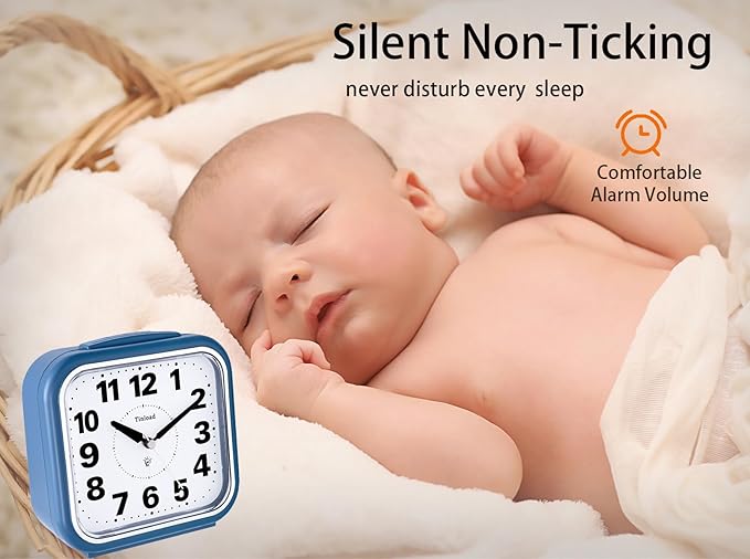 Tinload 5.5" Large No Ticking Analog Alarm Clock,Silent Readable for Seniors,Easy to Set,Gradual Rise Alarm,Big Numbers,Gentle Wake,Snooze, Lighted on Demand,Battery Operated,Blue