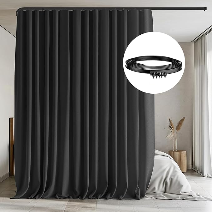 MaKefeile Room Divider Curtains with Flexible Ceiling Tracks Set,Blackout Curtain Ceiling Mount Curtain Track Privacy Room Dividers Ceiling Track Curtain Rod(Black Drape & Black Rail W 12.5 × H 7 FT)